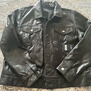 Lucky Brand Trucker Leather Jacket; XL; Black